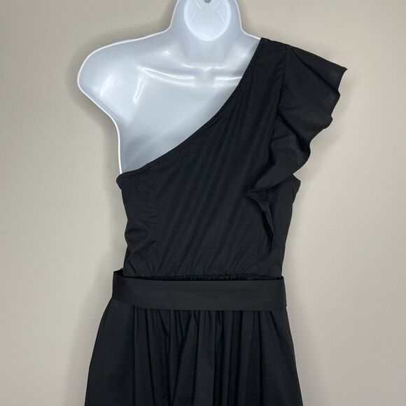 J.CREW Midi Dress Women 6 One-Shoulder Solid Black Cotton Blend Tie Waist CA430 - Picture 8 of 14